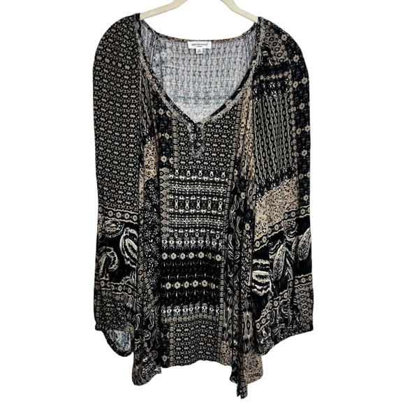 Westbound Woman Plus Size Blouse 2X Linen Blend Neutrals Mixed Print Artsy Boho - Picture 1 of 8